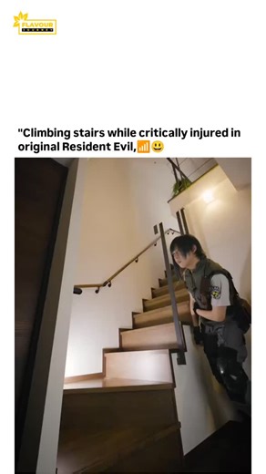 Flavour Journey on Instagram: "The post depicts a cosplay recreation of Chris ained, limping stair ascent from the original Resident Evil when low on health, faithfully mimicking the 1996 PS1 game's jerky animation for comedic effect. Created by Japanese influencer Lovematsu (@Matsu_Kusarine ), a video editor with 2.6 million YouTube subscribers and Mensa membership, the clip exploded to 82,000 likes and 4 million views in under a day, linking to his broader New Year Resident Evil series. Audien