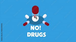 NO Drugs concept. Drug addicted man. A big jar of prohibited substances. International day protection. World Drug Protection Day. Awareness of people 3d animation cartoon Stock Video