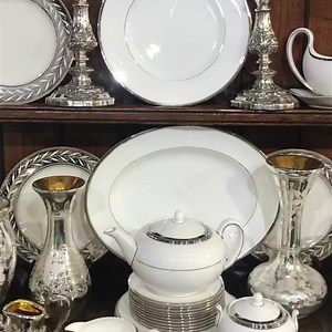 Wedgwood Carlyn Dinnerware - - - - Create your own unique look with mix and match streamlined Wedgwood bone china paired with traditional antique glass and silver. Be you! This large and comprehensive set of Wedgwood Carlyn dinnerware is platinum edged, introduced in 1958 and discontinued circa 1992. Shown with antique Sheffield plate candlesticks and Victorian mercury glass, on an antique oak Welsh dresser. More photos, pricing, full description and inventory available by tapping the shopping b