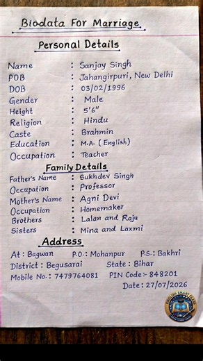 Marriage Biodata Writing ✍️ | Beautiful Handwriting | Biodata Format for Marriage | English Writing