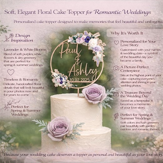 Personalized Lavender Wedding Cake Topper, Custom Names & Date Cake Sign, Spring Summer Wedding Decor, Romantic Floral Keepsake - Etsy