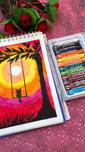 cat 😺 sunset drawing 🌅 easy oil pastel #drawing #oilpastel #shorts