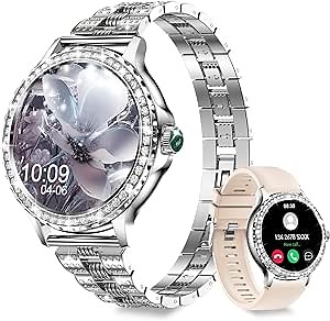 Smart Watch(Answer/Make Call) for Women with Diamonds, 1.3”Smartwatch for iPhone Android Compatible, IP68 Waterproof 100+Sports Modes Fitness Watches with Heart Rate/SpO2/Sleep Monitor/Blood(Sliver)