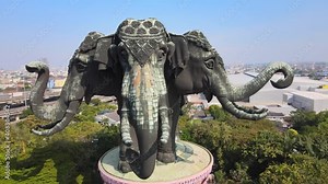 Erawan Museum in Samut Prakan Province, Thailand. Known for its giant three-headed elephant art display structure, the three levels inside the elephant contains exhibits of ancient religious objects.