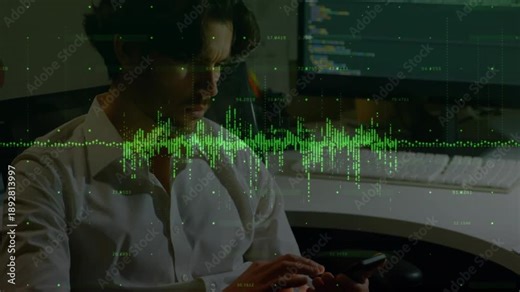 Man moving from leaning to reaching, tapping phone and causing waveform dots while reviewing code