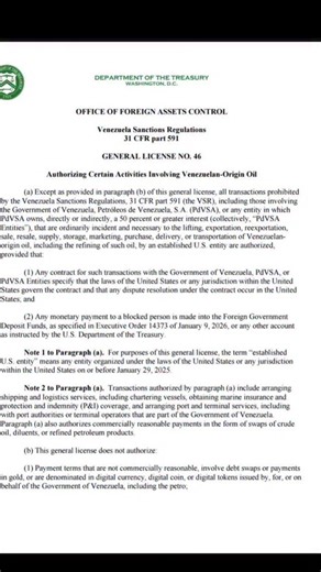 María Del Carmen Silva on Instagram: "🇺🇸 THE RETURN OF VENEZUELAN OIL? 🛢️ 🇻🇪 ¿VUELVE EL PETRÓLEO VENEZOLANO? The U.S. Department of the Treasury (OFAC) has just issued General License No. 46. This key move authorizes established U.S. companies to resume critical operations with Venezuelan oil and PDVSA. ​This marks a significant shift in energy policy, potentially boosting local production and reopening doors for international energy giants. ​#OFAC #PDVSA #OilNews #Venezuela #EnergySector E