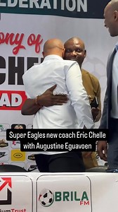 New Super Eagles coach Eric Chelle meets NFF Technical Director Austin Eguavoen during the unveiling | Bold Sports