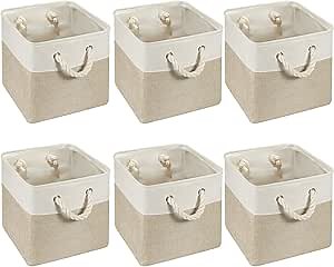 Geiserailie 6 Pcs 11 x 11 Inch Cube Storage Bins Fabric Storage Organizer Bins Foldable Cube Baskets with Sturdy Carry Handles Wicker Baskets for Home (White,Light Brown)
