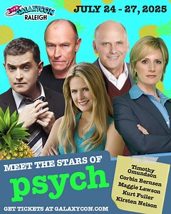 To Predict and Serve 🍍 Meet the stars of Psych at GalaxyCon Raleigh! https://galaxycon.info/ticketsrdu Join us at the Raleigh Convention Center on July 25-27, 2025. ⭐️ Timothy Omundson - Carlton Lassiter (Saturday & Sunday) ⭐️ Maggie Lawson - Juliet "Jules" O'Hara (Saturday & Sunday) ⭐ Corbin Bernsen - Henry Spencer (Friday, Saturday &Sunday) ⭐ Kurt Fuller - "Woody" Strode (Saturday & Sunday) ⭐ Kirsten Nelson - Karen Vick (Saturday & Sunday) @GalaxyConRaleigh is MORE than a comic con! It’s a 4-