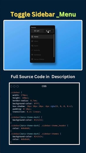 Toggle Sidebar Menu using HTML CSS JavaScript | Light Dark Theme UI #shorts