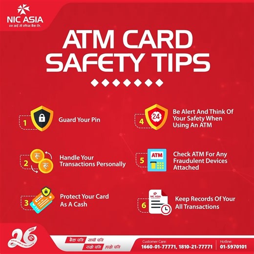 Protect yourself from ATM fraud with these essential safety tips. Stay aware of your surroundings whenever you use an ATM. #NICASIABank #DigitalFirst #ATM #SaftyTips #StayAlert #ProtectYourMoney | NIC ASIA Bank