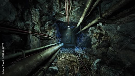 A narrow corridor within an underground bunker reveals exposed pipes and rocky walls. Dim lighting creates an eerie atmosphere, highlighting the isolation of this hidden space.