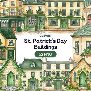 St. Patricks Day Building Clipart, Irish Pub House PNG Bundle, Watercolor Green Cottage Village - Etsy