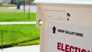 Drop Ballot Here Sign with Arrow and Slot for Mail-in Election Voting Box with Person Walking in Background