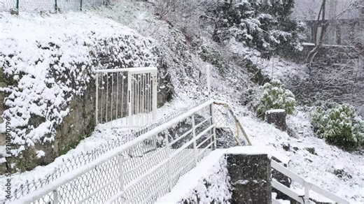 Walking path in a city garden with railings and evergreen bushes in heavy snowfall. Slow motion relaxing winter, Christmas time, beautiful snowflakes everywhere. Extreme cold weather concept.