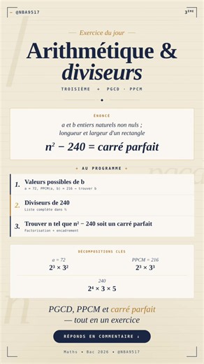 a = 72, PPCM(a, b) = 216 — quelles valeurs peut prendre b ? Et surtout : pour quel entier n, n² − 240 est-il un carré parfait ? PGCD, PPCM et décomposition en facteurs premiers : l’exercice d’arithmétique complet. #arithmetique #pgcd #ppcm #maths3eme #brevet