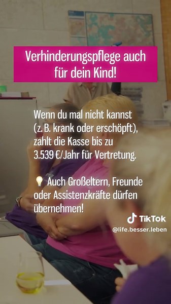 Die Verhinderungspflege richtet sich dem BMG zufolge an Pflegebedürftige der Pflegegrade 2 bis 5, die zu Hause durch Angehörige gepflegt werden. Fällt die eigentliche Pflegeperson vorübergehend aus, übernimmt die Pflegeversicherung die Kosten einer Ersatzpflege für maximal sechs Wochen pro Jahr. Der Anspruch besteht, wenn die pflegebedürftige Person (auch Kind) zuvor für mindestens sechs Monate zu Hause gepflegt wurde.