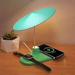 BUDI Multifunctional Table Lamp with Wireless Charger, 3 in 1 Charging Station Desk Lamp Touchable for Nightstand for Bedroom, Living Room, Home (Blue)