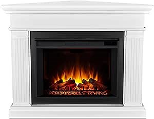 Real Flame Kennedy Grand Corner Electric Fireplace with Mantel for Living Room or Bedroom, Replaceable Fireplace Insert Heater, Realistic Log and Flame Effect, Remote Control, Timer, White
