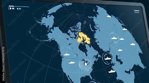 A 4K animation of a digital screen with a polar projection map where Greenland is highlighted in gold. Floating icons of ships and radar symbols suggest strategic monitoring in a minimalist tech style