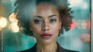 The Reflection of an African American Businesswoman in Glass: Illustrating Workplace Challenges and Discrimination. Concept Corporate Diversity, Glass Ceiling, Racism Awareness