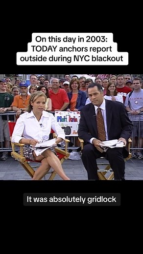 On this day in 2003: TODAY anchors #KatieCouric and #LesterHolt reported from the plaza the morning after the largest blackout in U.S. history at the time left millions without power. Where were you during the blackout? #NYCBlackout #TodayShow