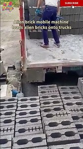 Alien brick mobile machine loads alien bricks onto trucks
