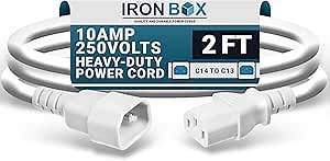 IronBox Electric C14 to C13 Power Cord - 10A/250V, 18/3 AWG SJT - UL Listed IEC Cable & Jumper Cords - Heavy Duty Power Extension Cord for Desktop Computer, Monitor, Projector, PDU & More (2ft, White)