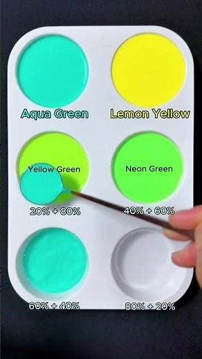 Create 4 colors from 2 colors: Aqua Green + Lemon Yellow #asmr #mix #colormixing #colors #mixing