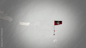 Antigua and Barbuda map.Aerial Views of Antigua and Barbuda's Flag Above the Map.
