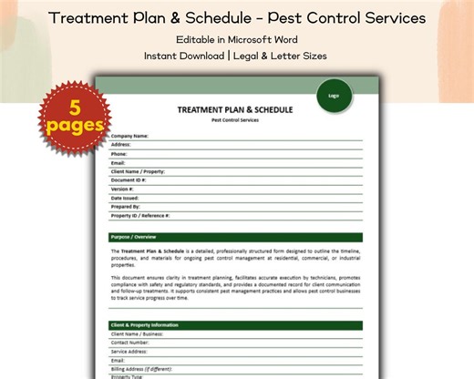 Treatment Plan & Schedule Pest Control Services Form Editable and Printable Template, Pest Control Contractor and Service Companies Provider - Etsy