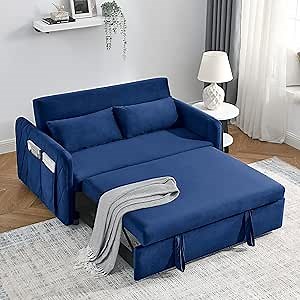 DREAMODERN 55" Modern Pull-Out Sofa Bed, Convertible Sleeper Couch with 2 Detachable Arm Pockets for Living Room, Velvet Loveseat Sofa with Pull Out Bed 2 Pillows - Blue