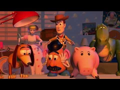 Toy Story. Woody knocks buzz out the window. (With cartoon sound effects)
