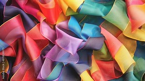A visually striking image of multicolored fabric folds, displaying an array of vibrant hues and dynamic textures that convey movement and artistic expression in textile design
