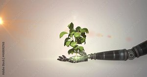 Animation of growing plant in hand of robot arm, with orange light on grey background