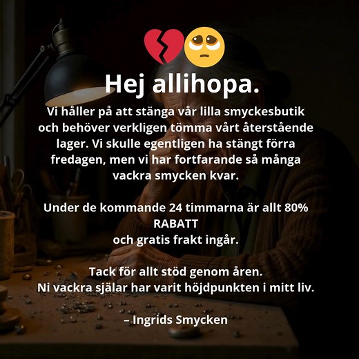Från Ingrid I över tre decennier har jag lagt hela mitt hjärta i det jag skapat. Varje smycke du ser här bär på en stilla berättelse — om omsorg, detaljer och en skönhet som varar. Det här är de sista designerna från ett mycket speciellt kapitel. Det kommer inte fler. Om något här talar till dig, så är det nu tiden är inne. — Ingrid ❤️ | Ingrids Smycken