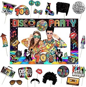 70s Party Decorations Disco Themed Party Decorations 70's Photo Booth Props with Wooden Sticks Photo Booth Frame for 1970s Dance Disco Themed Party, Disco Boogie Theme Party, Hippie Party (20 Pieces)