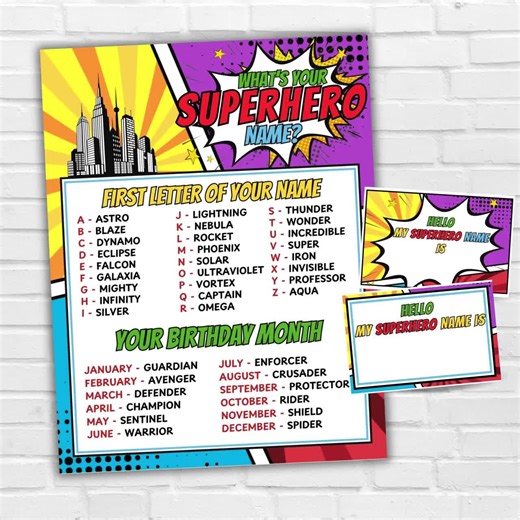 What's Your Superhero Name Party Game Printable Superhero Game Superhero Name Generator Superhero Birthday Party Superhero Theme Party - Etsy