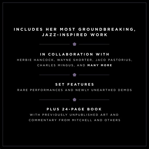 'Joni’s Jazz' is here. A truly personal collection curated by Joni Mitchell that celebrates the genre’s profound impact on her work. Available on 8LP, 4CD and digitally, the set features 61 tracks and showcases Mitchell’s collaborations with jazz luminaries like Wayne Shorter, Herbie Hancock, Jaco Pastorius, Charles Mingus, and more. Box sets also include rare photos, original artwork, and a limited-edition Gift With Purchase Joni Mitchell Archives fine art print (while supplies last). Get your 