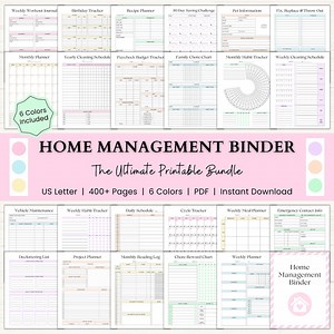 Home Management Binder | Printable Cleaning Schedule | Weekly Meal Planner | Budget Tracker | Household Organizer Checklist | PDF | 6 Colors - Etsy
