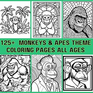 Monkeys-apes Coloring Pages - 125  Hand Touched Pages - All Ages - Instant Digital Download PDF & Pngs - Traditional, Mosaics, Stained Glass - Etsy UK