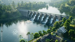Animation Scenic View of a Modern Hydroelectric Dam generated with ai