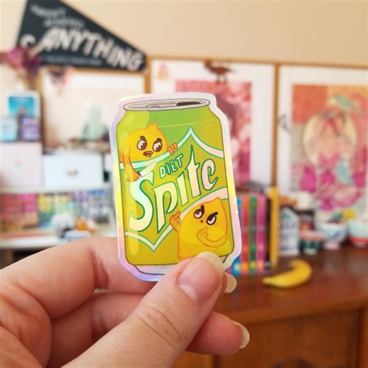 Cute Can of Angry Lemon Soda Funny Holographic Laptop Sticker