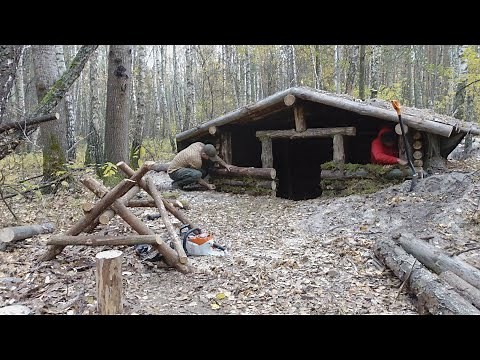biggest dugout shelter build , bushcraft shelter , dark wood , night with stove