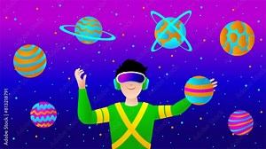 Animation metaverse digital cyber world technology, a man used virtual reality glasses surrounded with futuristic interface 3d hologram.