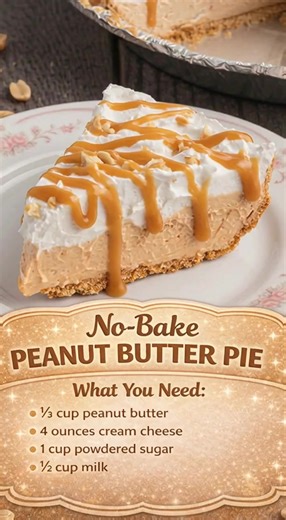 NO-BAKE PEANUT BUTTER PIE no oven, just pure peanut butter bliss 📋 Ingredients ● ⅔ cup peanut butter ● 4 oz cream cheese, room temperature ● 1 cup powdered sugar ● ½ cup milk ● 1 (9-inch) graham cracker or Oreo pie crust ● 4 oz Cool Whip, thawed ● Chopped roasted peanuts (optional garnish) 📝 Instructions 1: Make the Filling: Beat peanut butter, cream cheese, and powdered sugar until smooth, then mix in milk until creamy and fluffy. 2: Fill the Crust: Pour the peanut butter mixture into the pie