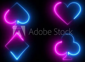 neon animation of four suits of playing cards spade heart diamond and club, 4k gambling animation
