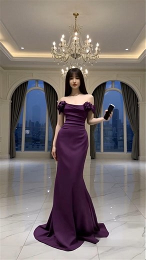 Purple Satin Mermaid Dress with 3D Floral Shoulders | Luxurious Evening Look"#PurpleSatinMermaid