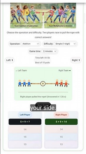 Math Day- Fun Interactive Math Game. Tug of war math fun game. Educational Math classroom games.
