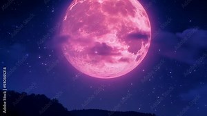 Pink moon lights up the night sky with clouds and stars. Concept: love, romance and dreams
